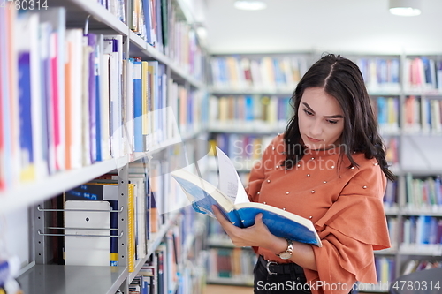 Image of the student uses a notebook and a school library