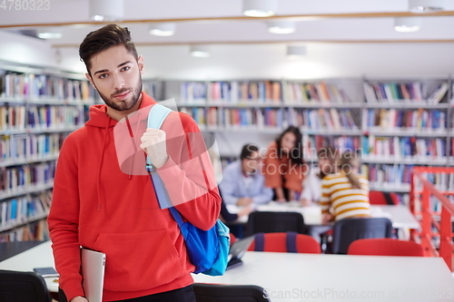 Image of the student uses a laptop and a school library