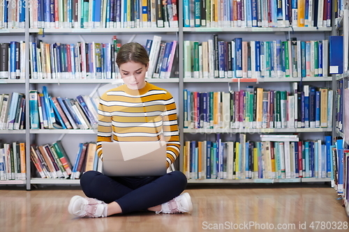 Image of the student uses a notebook and a school library