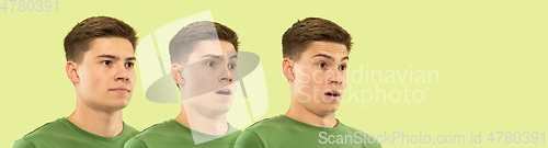 Image of Caucasian young man\'s close up shot on green background