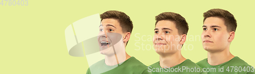 Image of Caucasian young man\'s close up shot on green background
