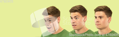 Image of Caucasian young man\'s close up shot on green background