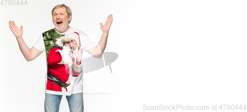 Image of Happy Christmas Santa Claus laughting on white background