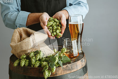 Image of Close up of confident senior man brewer with self crafted beer