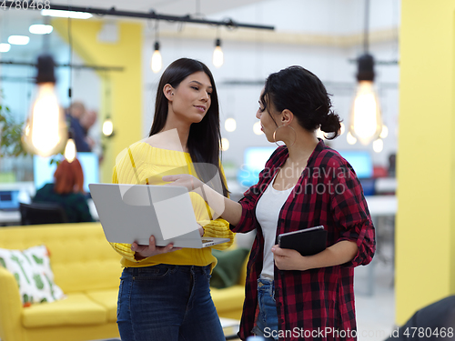 Image of female friends discussion about project at moder coworking office