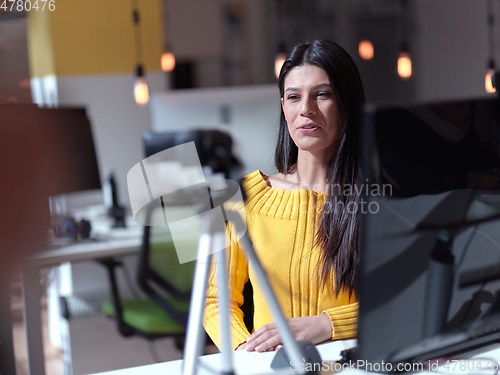 Image of business woman have online meeting in modern open space coworking office