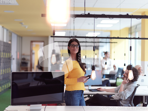 Image of business woman portrait in open space startup coworking office