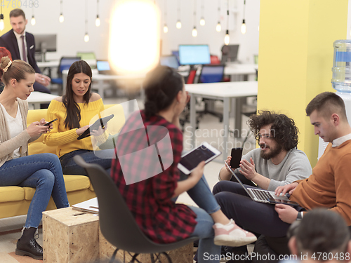 Image of team meeting and brainstorming in modern office