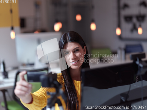 Image of business woman have online meeting in modern open space coworking office