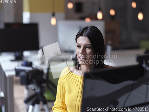 Image of business woman have online meeting in modern open space coworking office