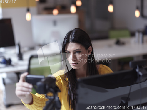 Image of business woman have online meeting in modern open space coworking office