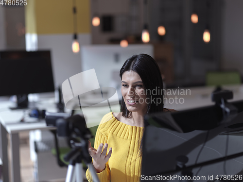 Image of business woman have online meeting in modern open space coworking office