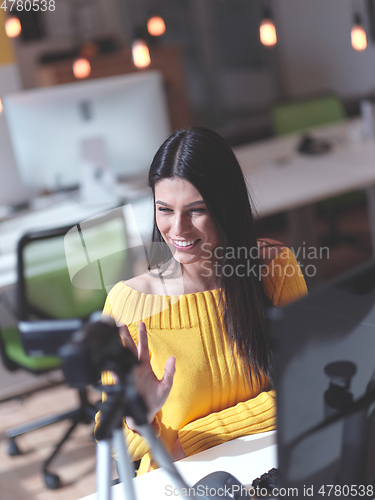 Image of business woman have online meeting in modern open space coworking office