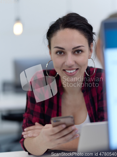 Image of business woman portrait in open space startup coworking office