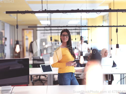 Image of business woman portrait in open space startup coworking office