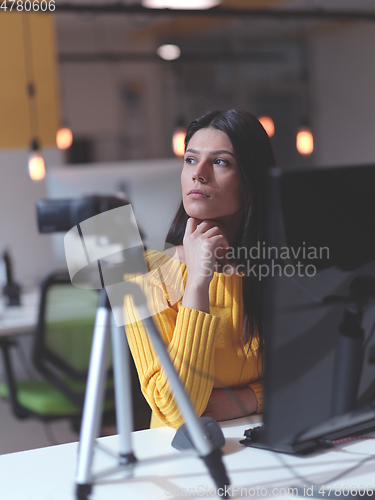 Image of business woman have online meeting in modern open space coworking office