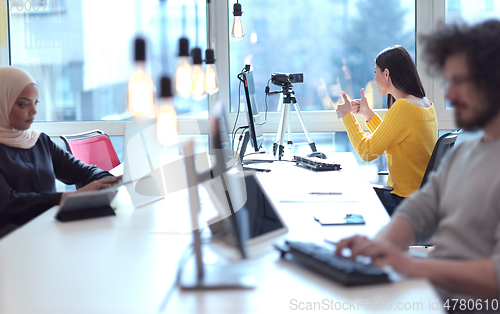 Image of business woman have online meeting in modern open space coworking office