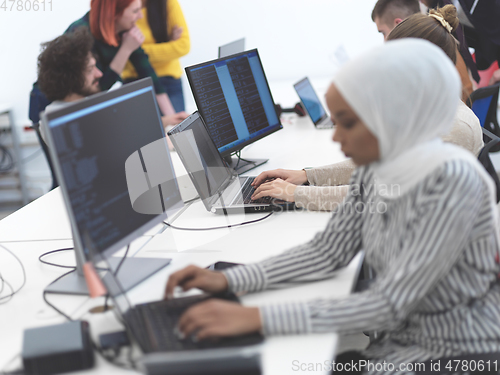 Image of african muslim business woman at office as part of creative team