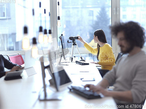 Image of business woman have online meeting in modern open space coworking office