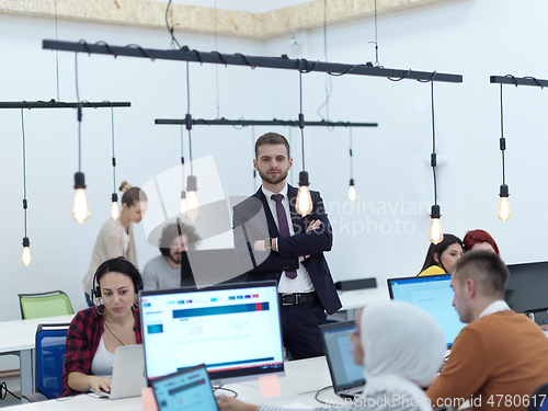 Image of creative business people group as freelancers in modern coworking open space office