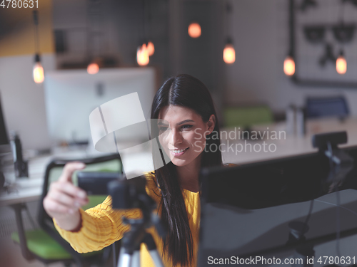 Image of business woman have online meeting in modern open space coworking office