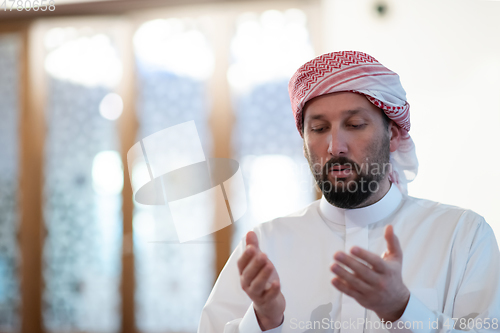 Image of muslim prayer inside the mosque in namaz worship Allah