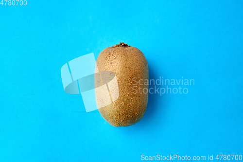 Image of close up of ripe kiwi on blue background