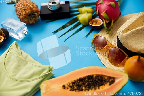 Image of sunglasses, hat, camera, fruits and clothes