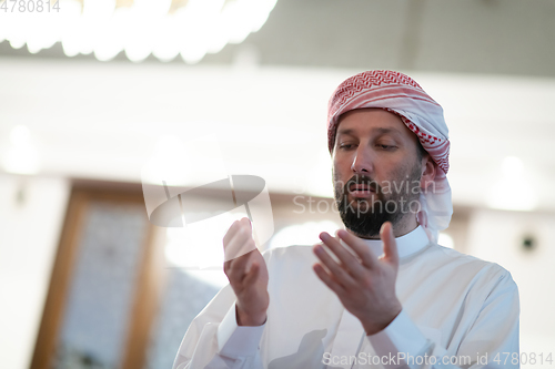 Image of muslim prayer inside the mosque in namaz worship Allah