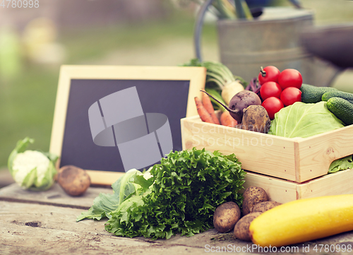 Image of close up of vegetables with chalkboard on farm