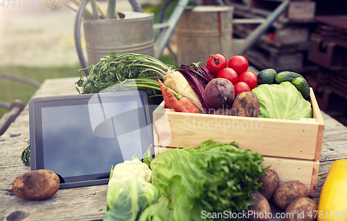 Image of close up of vegetables with tablet pc on farm