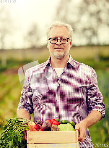 Image of senior man with box of vegetables on farm