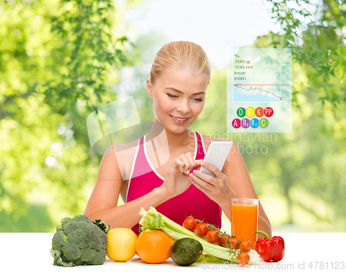 Image of woman with vegetables pointing at smartphone