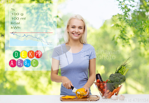 Image of smiling young woman cooking vegetables