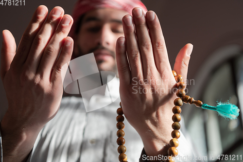 Image of muslim prayer inside the mosque in namaz worship Allah