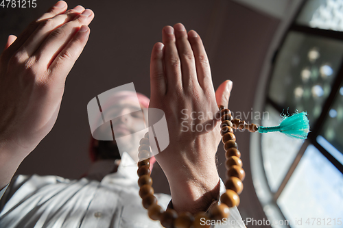 Image of muslim prayer inside the mosque in namaz worship Allah