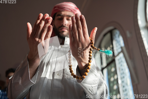 Image of muslim prayer inside the mosque in namaz worship Allah