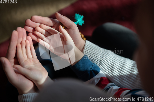 Image of muslim prayer father and son in mosque prayingtogether