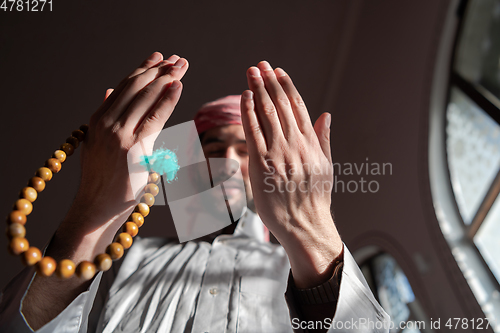 Image of muslim prayer inside the mosque in namaz worship Allah