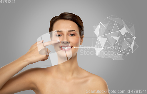 Image of beautiful woman pointing finger to face skin
