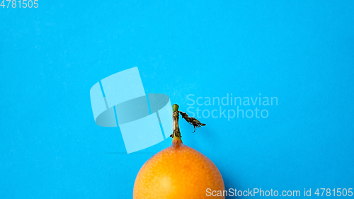 Image of close up of granadilla on blue background