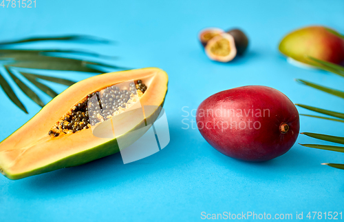 Image of papaya and mango on blue background