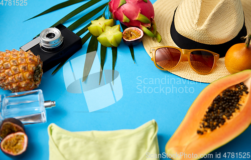 Image of sunglasses, hat, camera, fruits and clothes