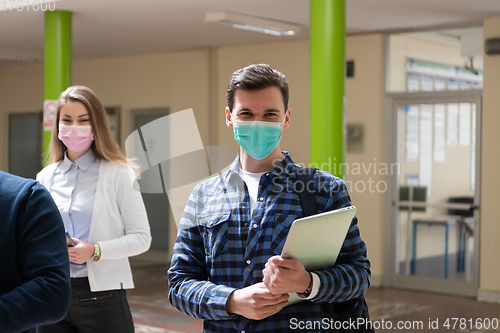 Image of Multiethnic students group wearing protective face mask