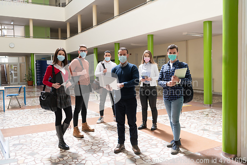 Image of Multiethnic students group wearing protective face mask