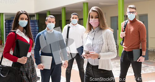 Image of Multiethnic students group wearing protective face mask