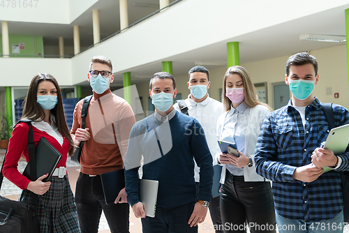 Image of Multiethnic students group wearing protective face mask