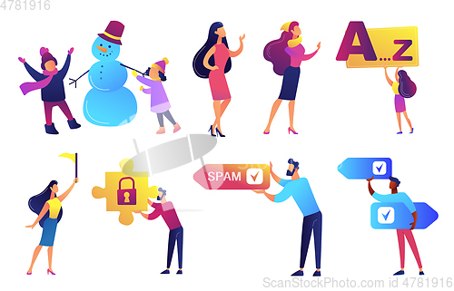 Image of People holding symbols vector illustrations set.