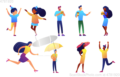 Image of People eating fast food an celebrating holiday vector illustrations set.