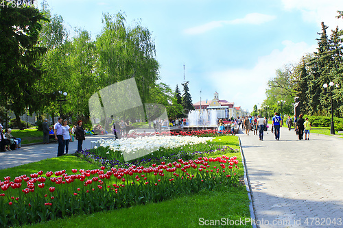 Image of People have a rest in city park with tulips